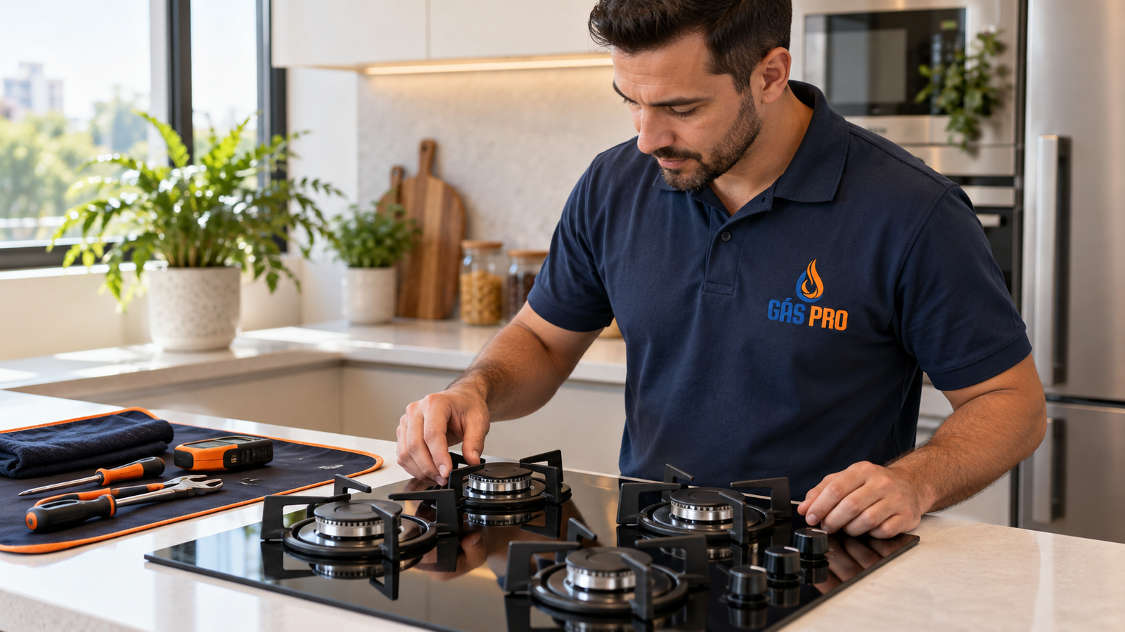 Técnico fazendo manutenção em cooktop