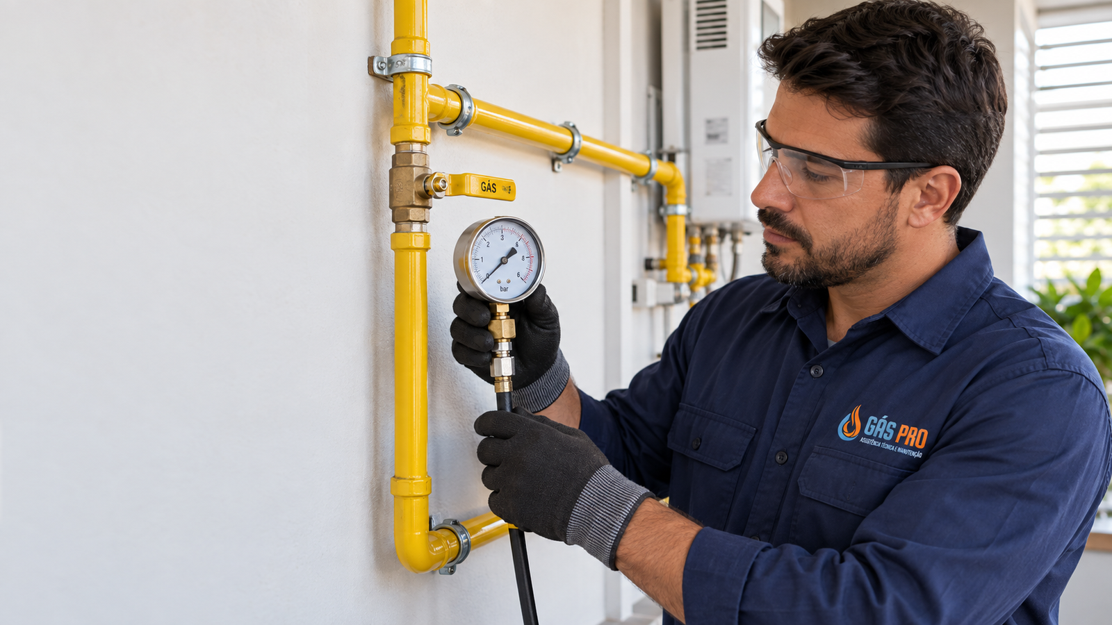 Técnico instalando conexão de tubulação de gás